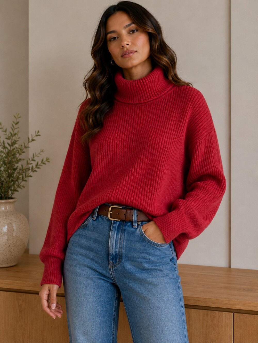 mercer & madison Ribbed Turtleneck Sweater Cashmere & Merino Wool - Coral Red